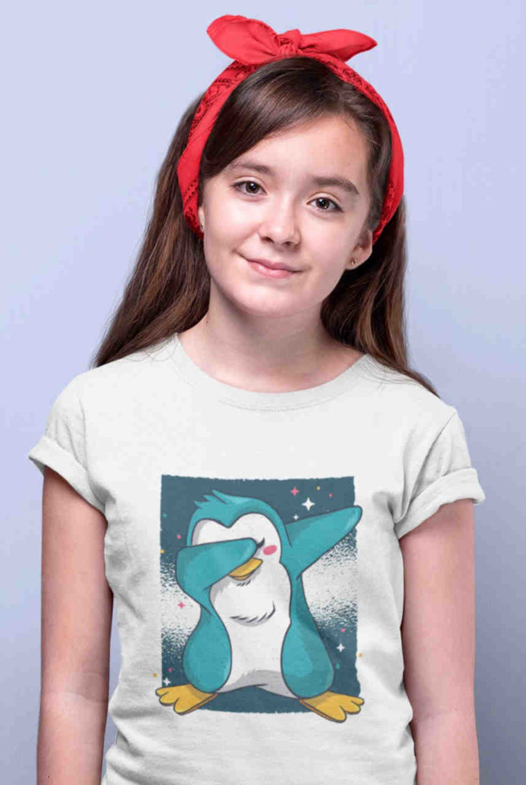 sweet girl in white penguin dabbing tshirt