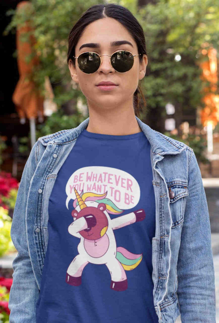 cool girl in deep blue Teddybear Unicorn tshirt