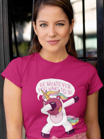 6S1098 pretty girl in dark pink Teddybear Unicorn tshirt