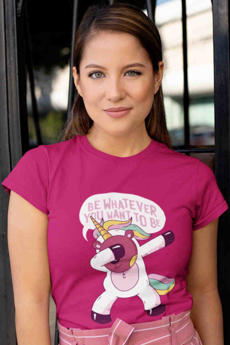 pretty girl in dark pink Teddybear Unicorn tshirt