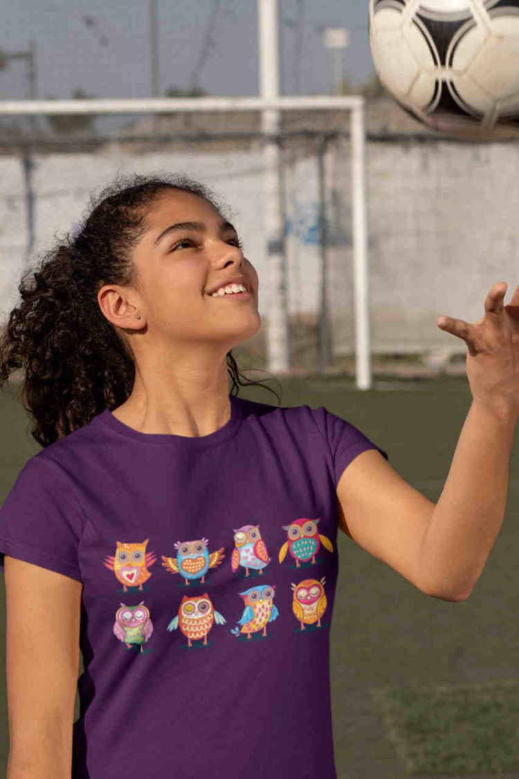 sporty girl playing football in purple funny Owl Set tshirt