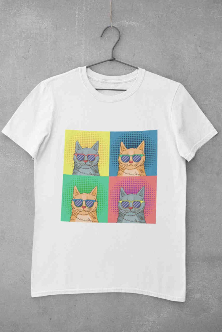 White Tshirt with Pop Art Cat with sunglasses