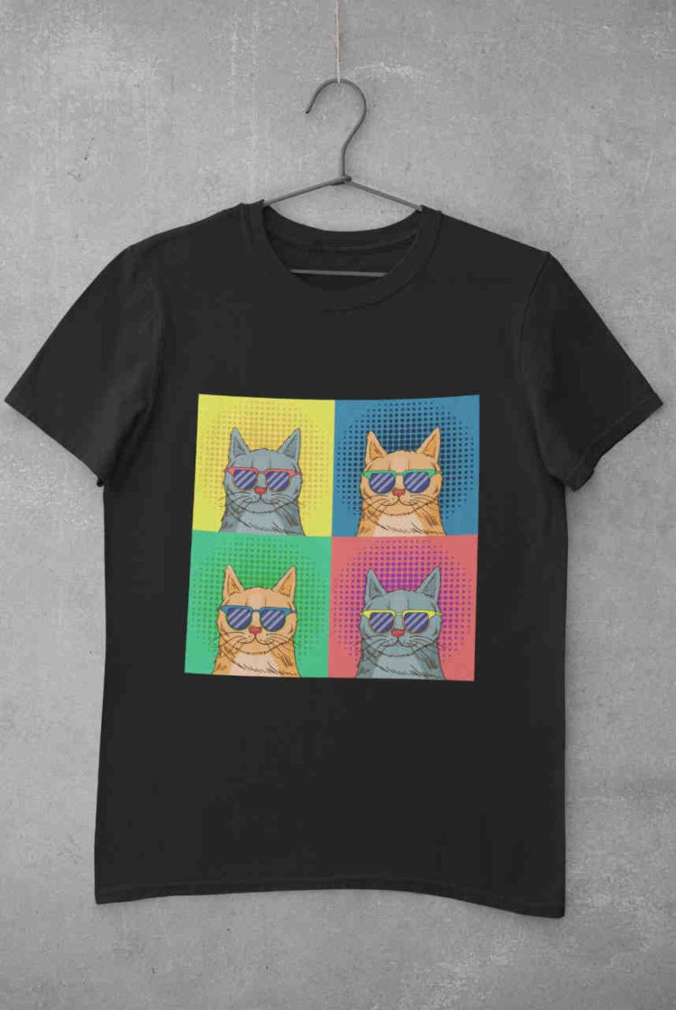 black Tshirt with Pop Art Cat with sunglasses
