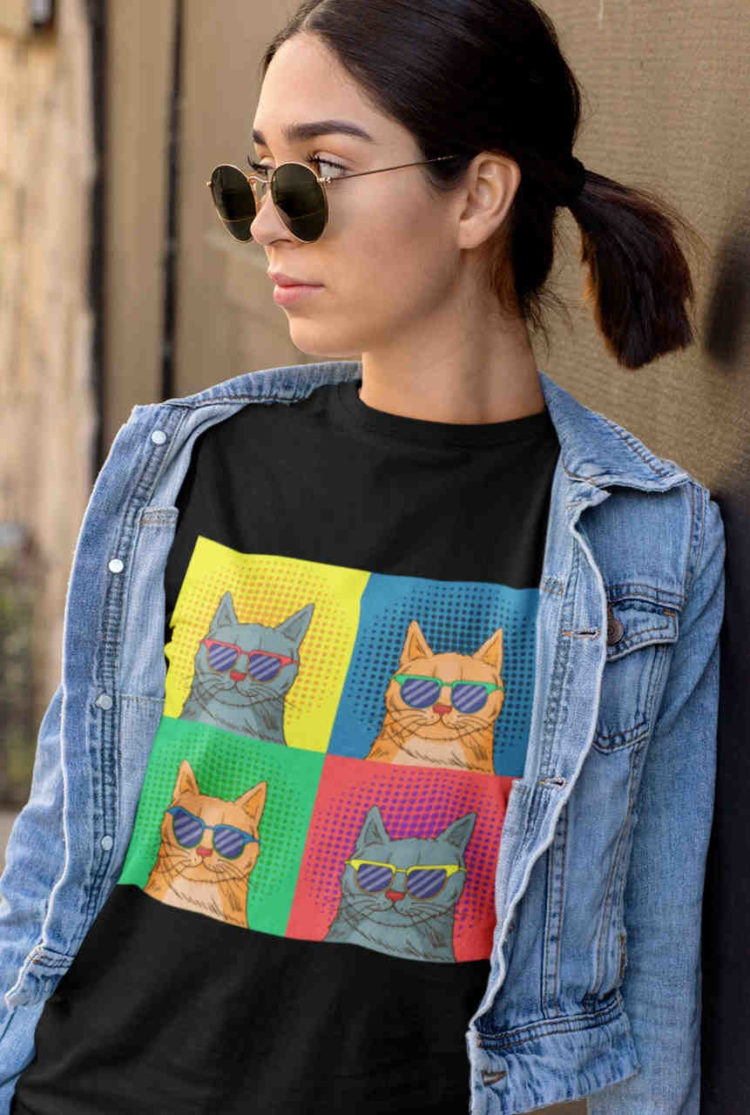 cool girl in black Tshirt with Pop Art Cat with sunglasses