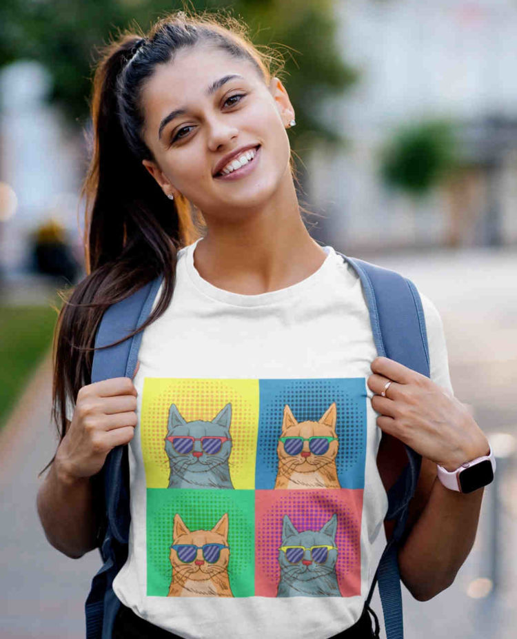 pretty girl in White Tshirt with Pop Art Cat with sunglasses