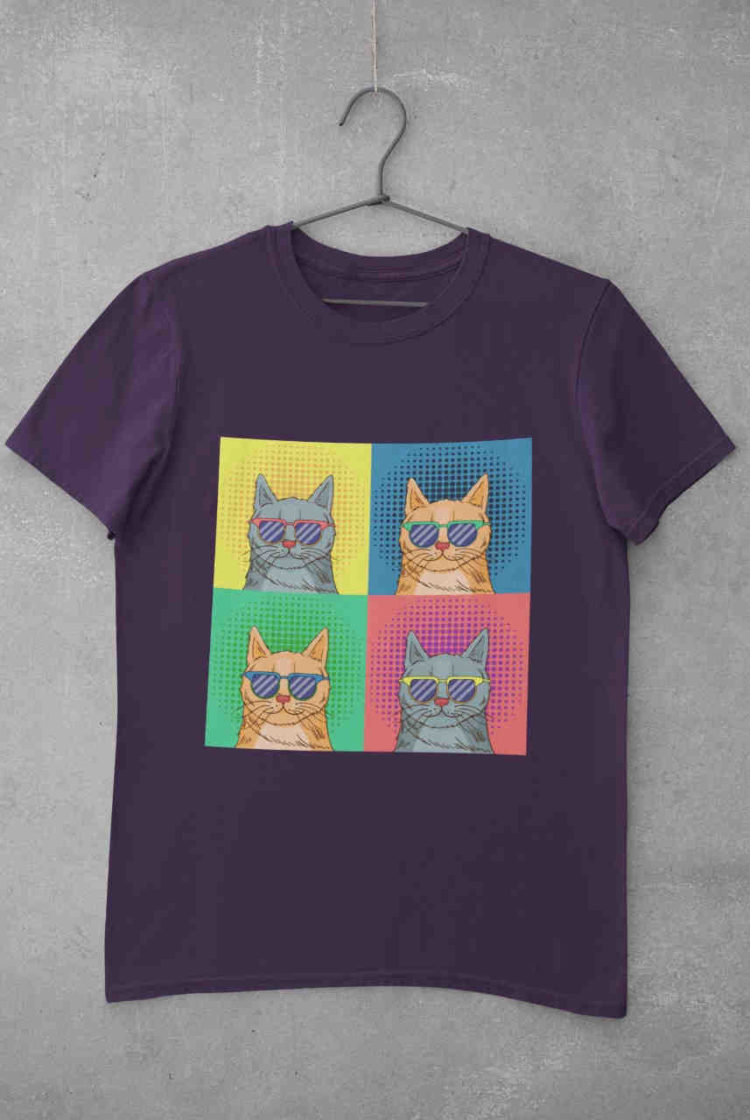 purple Tshirt with Pop Art Cat with sunglasses