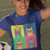 sporty girl in deep blue Tshirt with Pop Art Cat with sunglasses