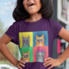 sweet girl in purple tshirt with Pop Art Cat with sunglasses