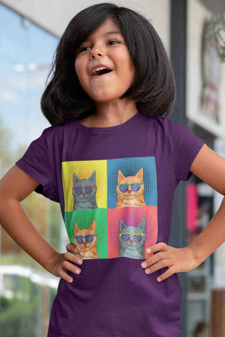 sweet girl in purple tshirt with Pop Art Cat with sunglasses
