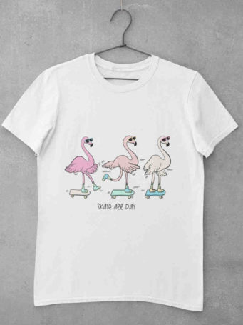 white Skating Flamingoes tshirt