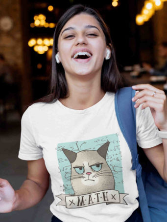 happy girl in Grumpy Math Cat white tshirt