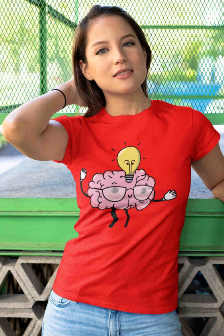 cool girl in red Cute Brain lightbulb cartoon tshirt