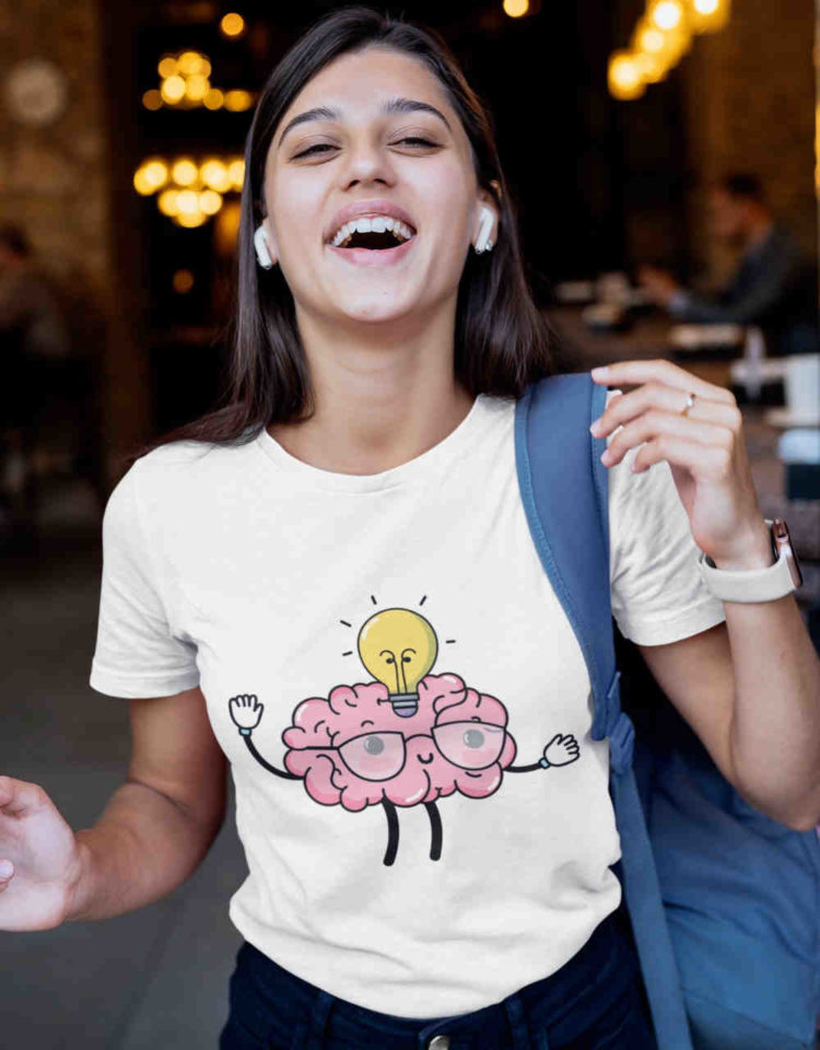 laughing girl in white Cute Brain lightbulb cartoon tshirt