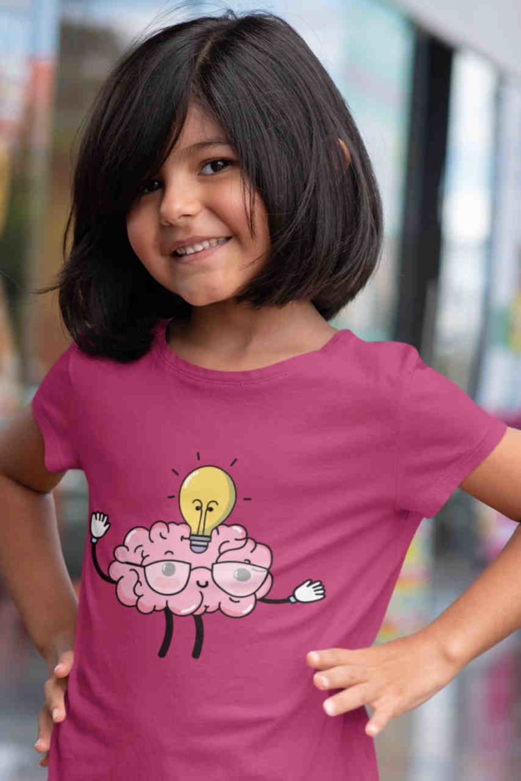 smiling girl in dark pink Cute Brain lightbulb cartoon tshirt