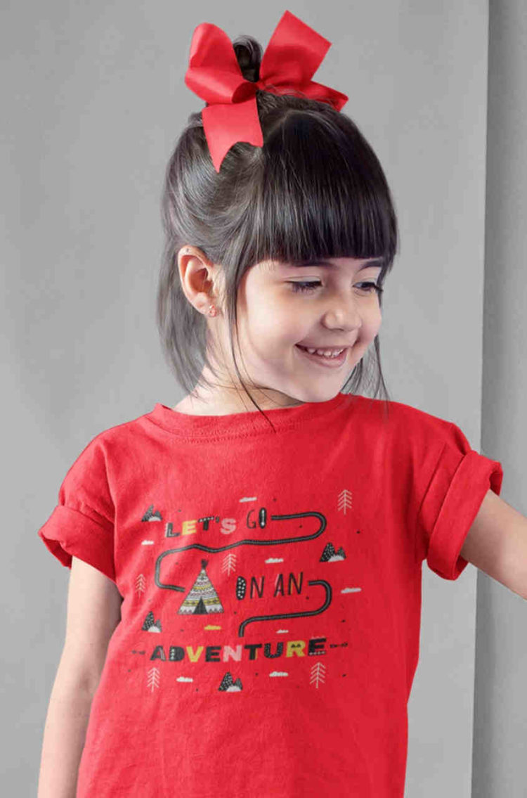 cute girl in Lets go on an adventure dark red tshirt