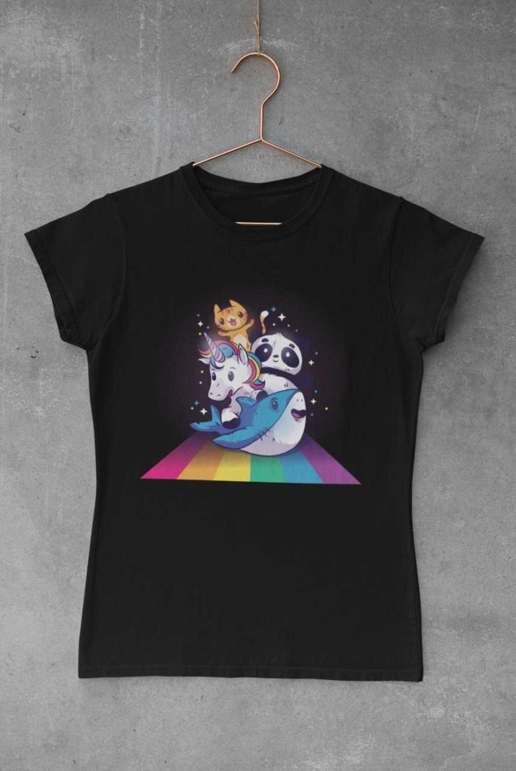 Black tshirt with Cat Unicorn Panda Shark on rainbow