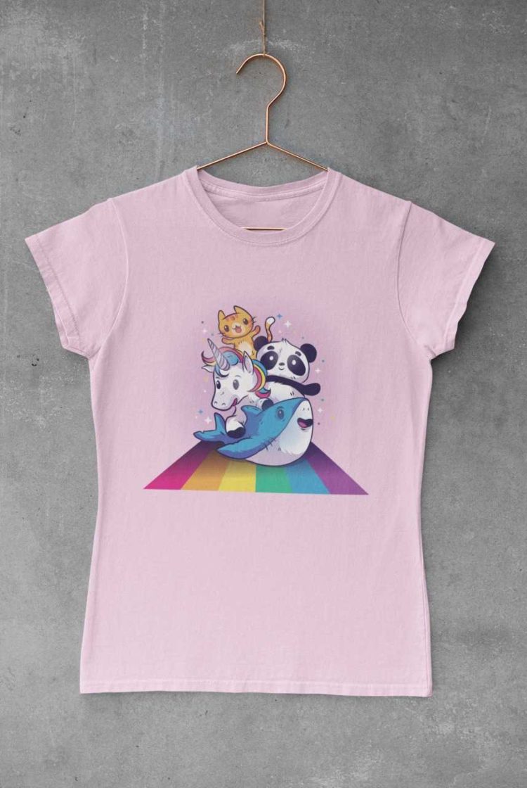 Light Pink tshirt with Cat Unicorn Panda Shark on rainbow
