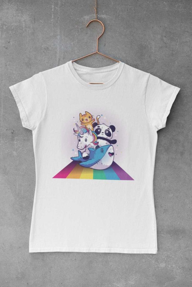 White tshirt with Cat Unicorn Panda Shark on rainbow