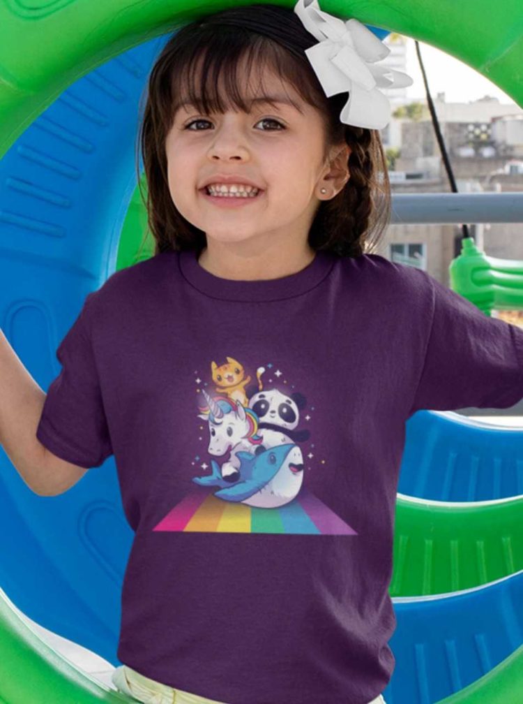 pretty girl in purple tshirt with Cat Unicorn Panda Shark on rainbow