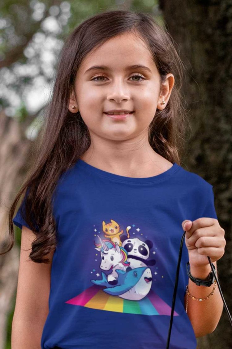 sweet girl in deep blue tshirt with Cat Unicorn Panda Shark on rainbow