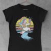 black tshirt with happy Unicorn running with bag