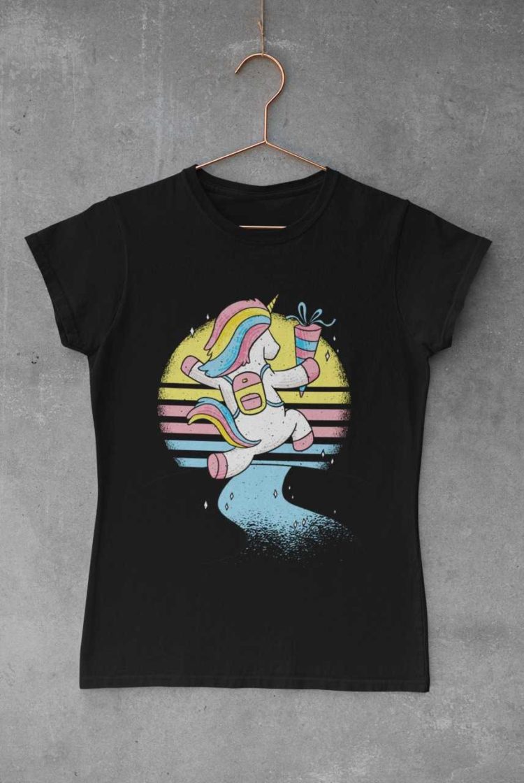 black tshirt with happy Unicorn running with bag