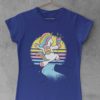 deep blue tshirt with happy Unicorn running with bag