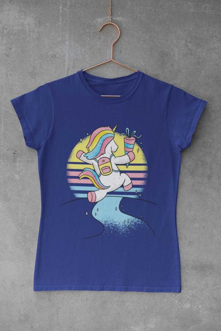 deep blue tshirt with happy Unicorn running with bag