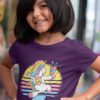 sweet girl in purple tshirt with happy Unicorn running with bag