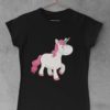 black tshirt with Unicorn with pink hair smiling