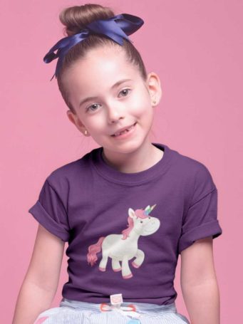 cute girl in purple tshirt Unicorn with pink hair smiling