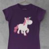 purple tshirt with Unicorn with pink hair smiling