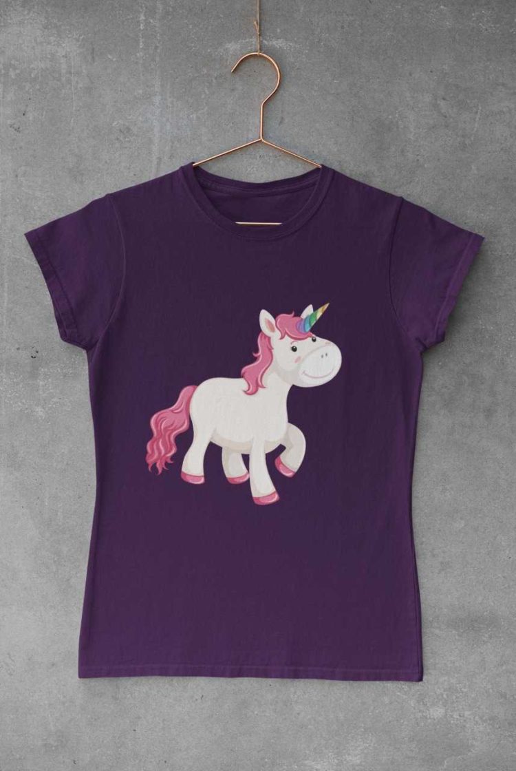 purple tshirt with Unicorn with pink hair smiling