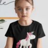 sweet girl in Unicorn with pink hair smiling black tshirt