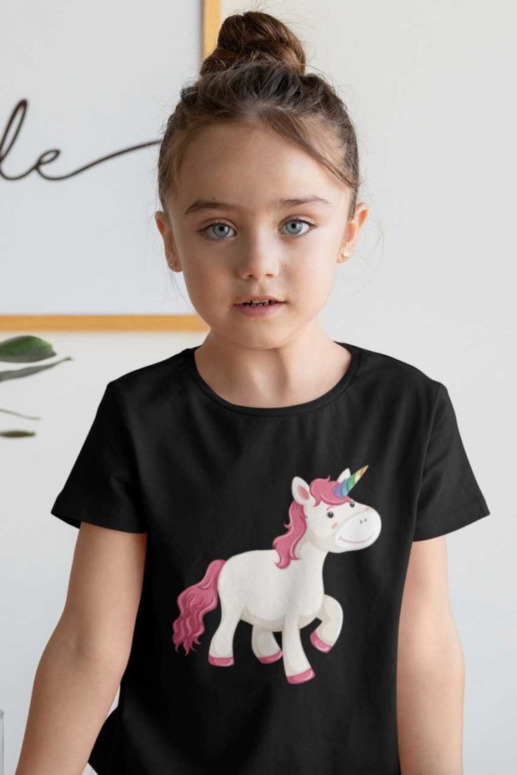 sweet girl in Unicorn with pink hair smiling black tshirt