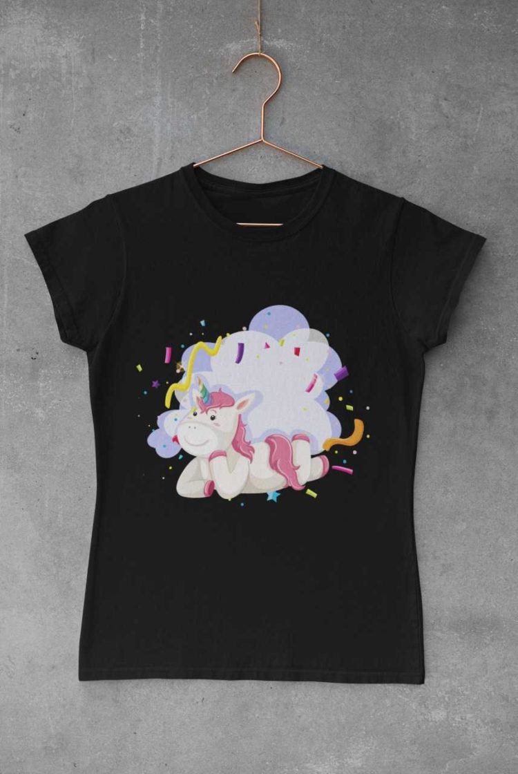 Unicorn with party streamers black tshirt