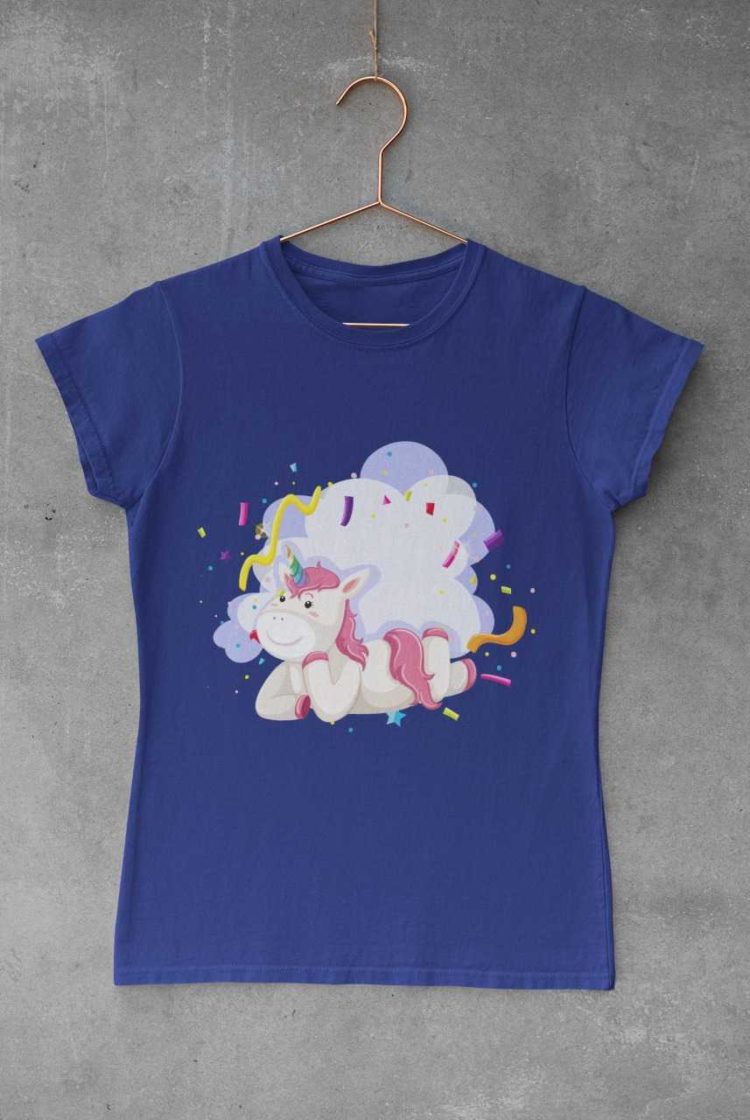 Unicorn with party streamers deep blue tshirt