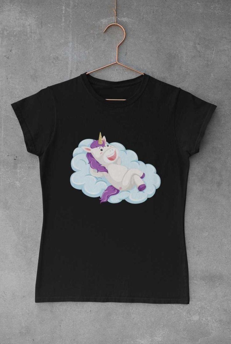 Unicorn lying on a cloud black tshirt