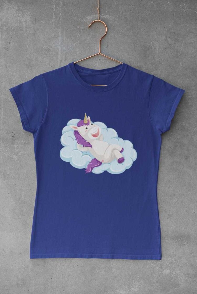 Unicorn lying on a cloud deep blue tshirt
