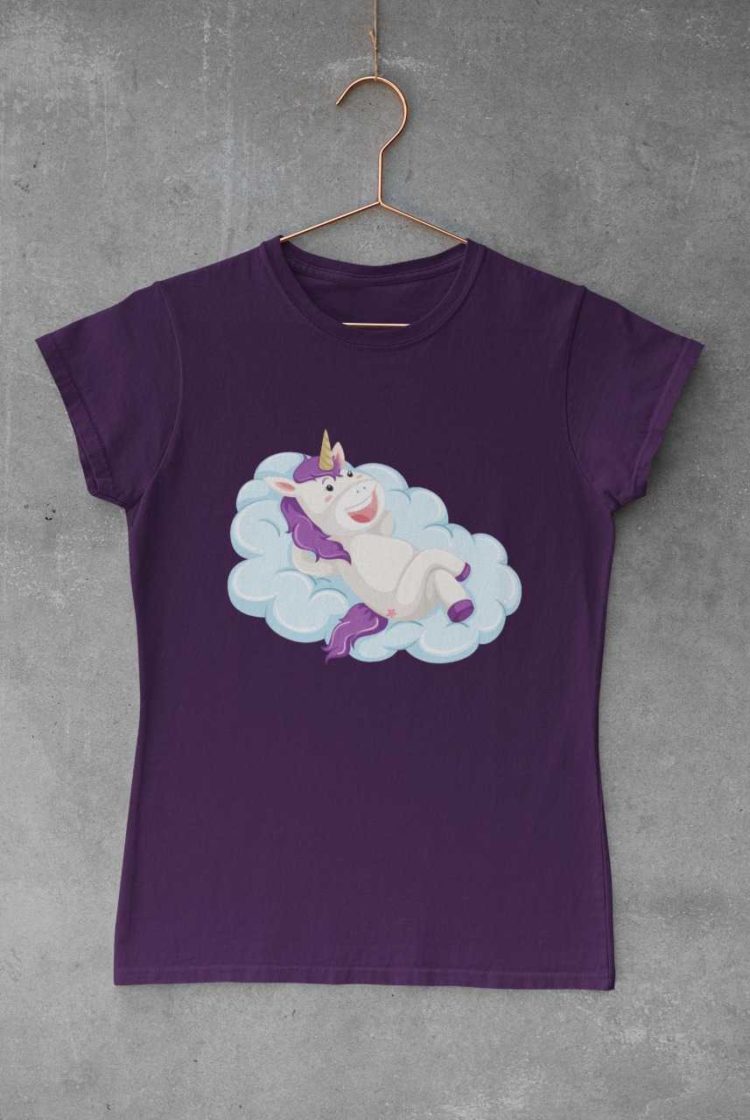 Unicorn lying on a cloud purple tshirt