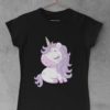 Cute magical unicorn with purple hair black tshirt