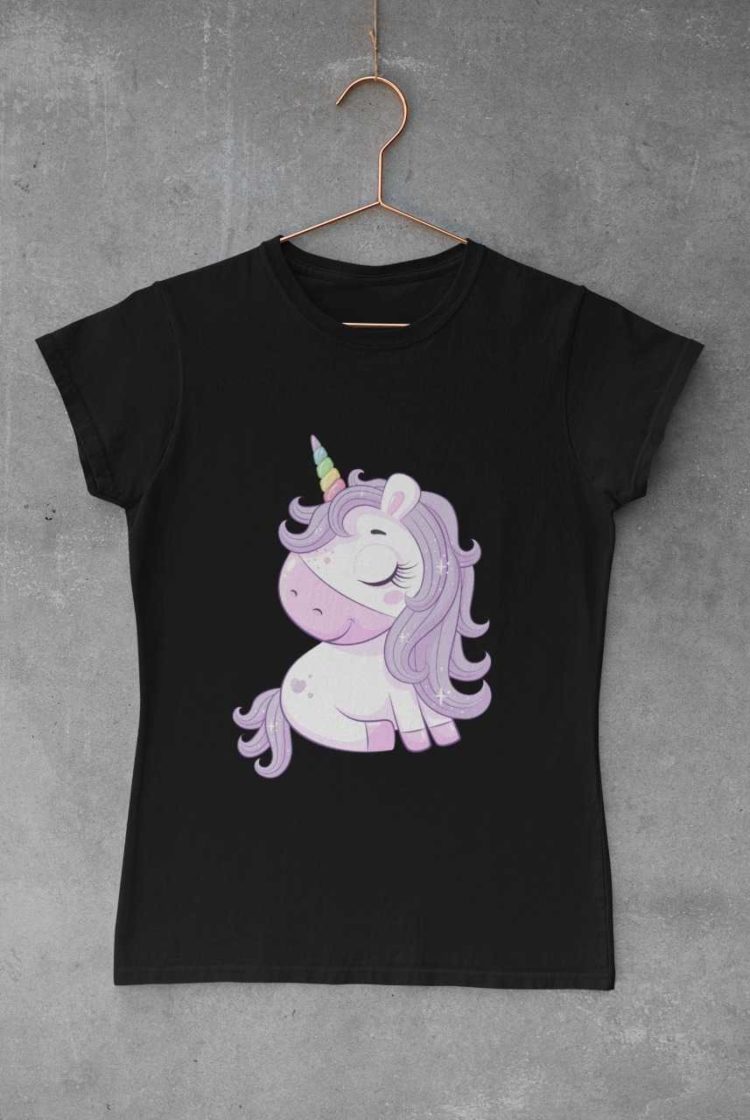 Cute magical unicorn with purple hair black tshirt