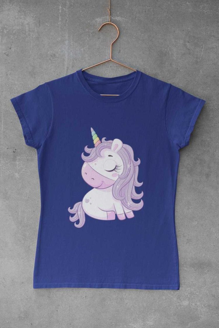 Cute magical unicorn with purple hair deep blue tshirt