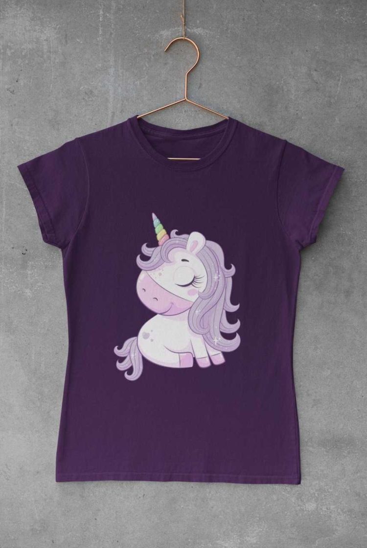 Cute magical unicorn with purple hair purple tshirt