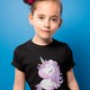 beautiful girl in Cute magical unicorn with purple hair black tshirt