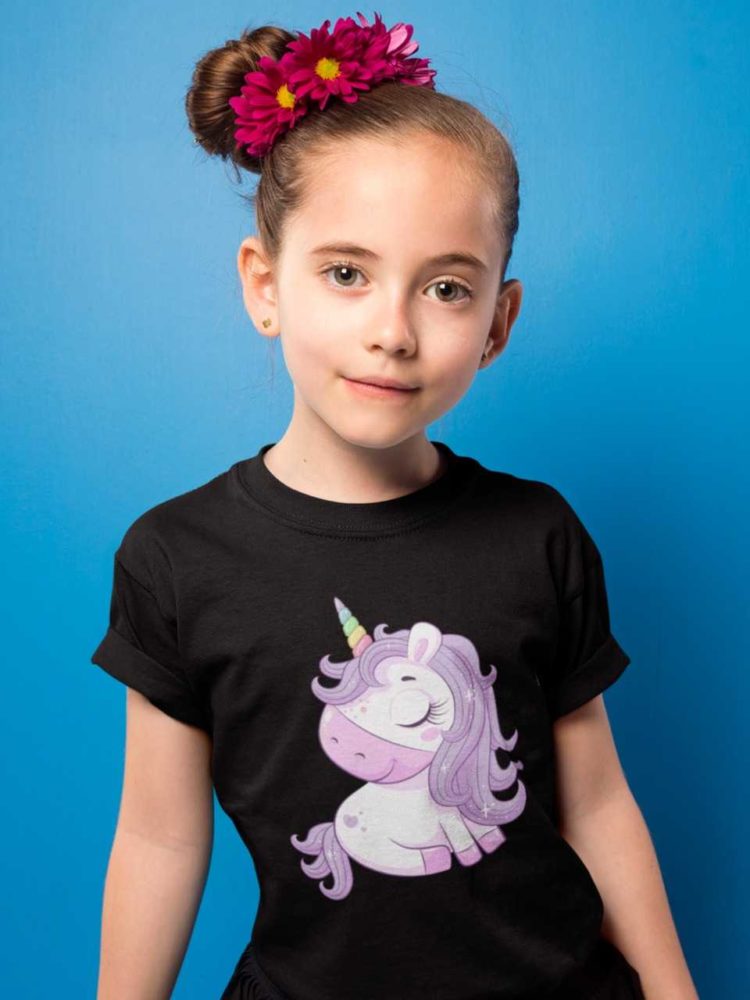 beautiful girl in Cute magical unicorn with purple hair black tshirt