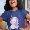 pretty girl in Cute magical unicorn with purple hair deep blue tshirt