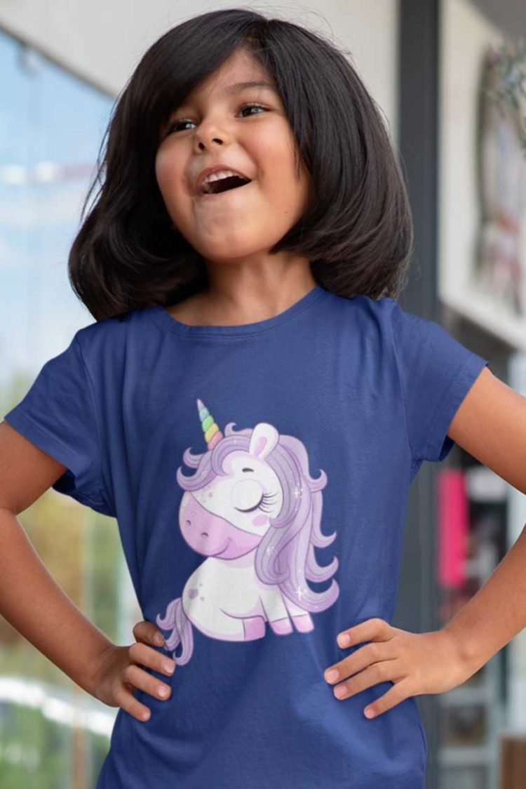 pretty girl in Cute magical unicorn with purple hair deep blue tshirt