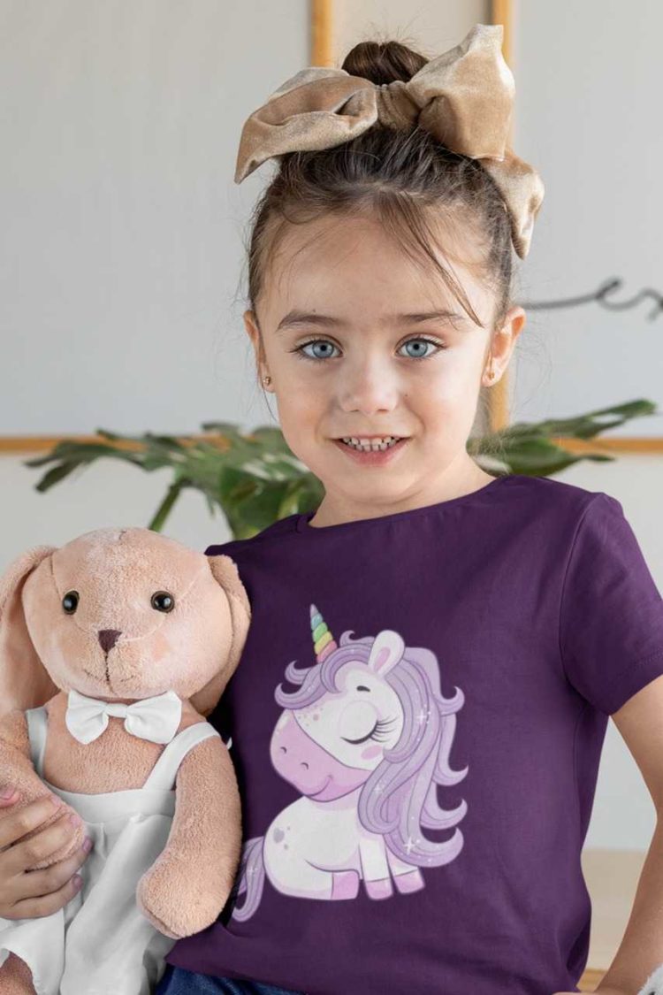 sweet girl in Cute magical unicorn with purple hair purple tshirt