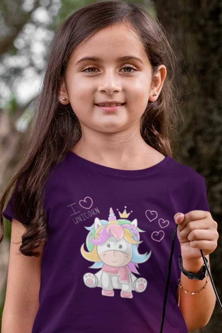 pretty girl in purple tshirt with I love Unicorn